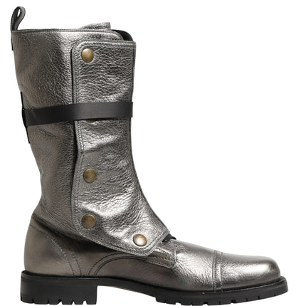 Dolce & Gabbana Metallic Silver Combat Biker Mid Calf Boots Shoes