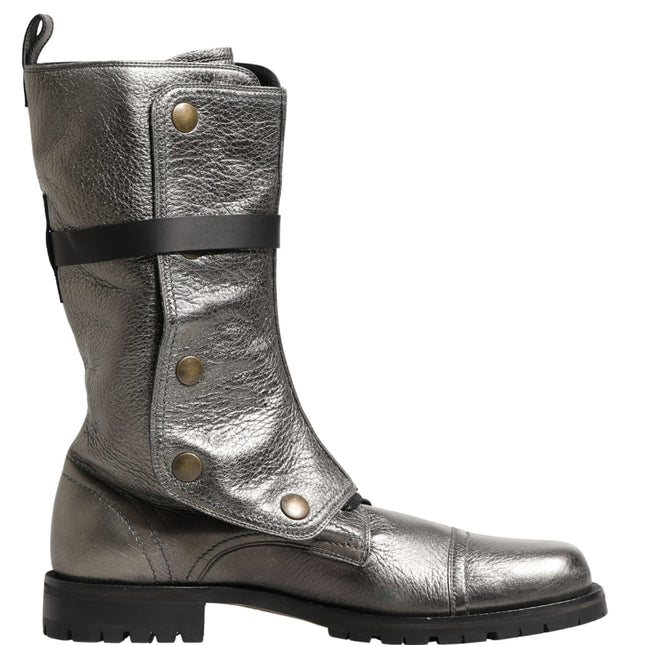Dolce & Gabbana Metallic Silver Combat Biker Mid Calf Boots Shoes