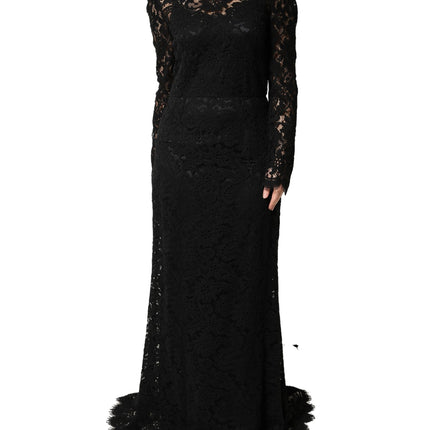 Dolce & Gabbana Black Lace Long Sleeves Cotton Maxi Dress