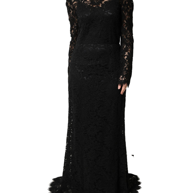 Dolce & Gabbana Black Lace Long Sleeves Cotton Maxi Dress