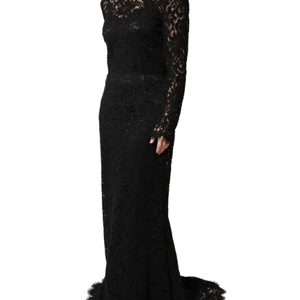 Dolce & Gabbana Black Lace Long Sleeves Cotton Maxi Dress