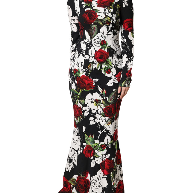 Dolce & Gabbana Black Floral Viscose Bodycon Long Gown Dress