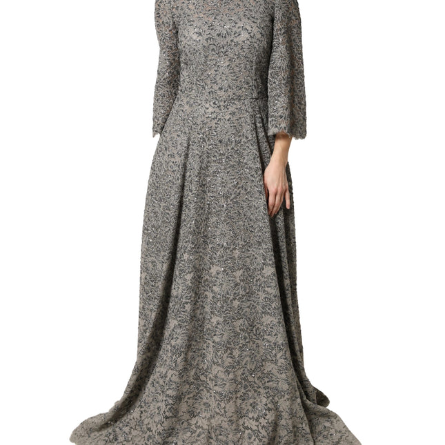 Dolce & Gabbana Gray Lace Long Sleeves Cotton Maxi Dress