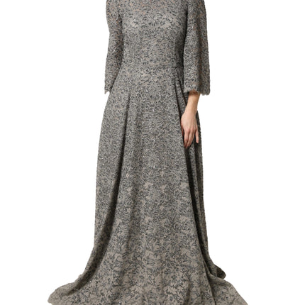 Dolce & Gabbana Gray Lace Long Sleeves Cotton Maxi Dress