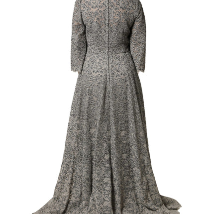 Dolce & Gabbana Gray Lace Long Sleeves Cotton Maxi Dress