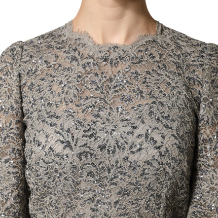 Dolce & Gabbana Gray Lace Long Sleeves Cotton Maxi Dress