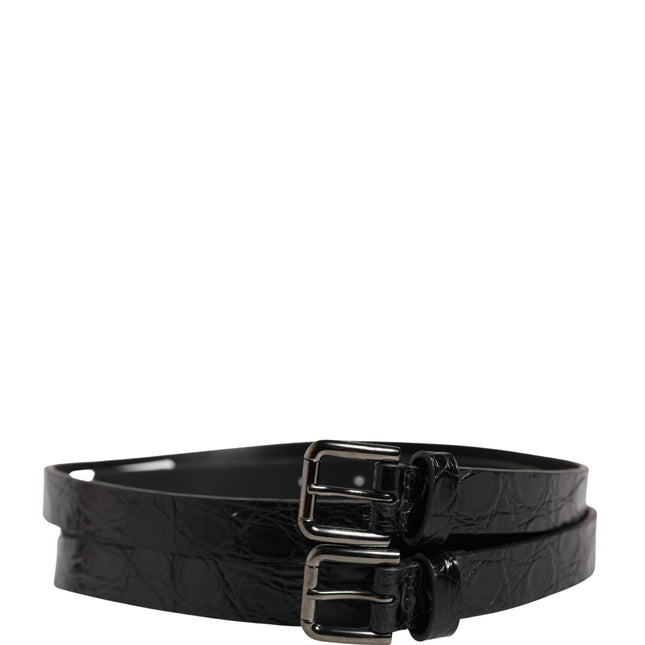 Dolce & Gabbana Black Double Strap Leather Silver Buckle Belt
