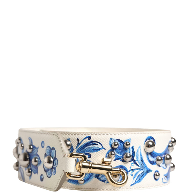 Dolce & Gabbana White Blue Floral Leather Stud Accessory Shoulder Strap