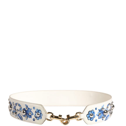 Dolce & Gabbana White Blue Floral Leather Stud Accessory Shoulder Strap