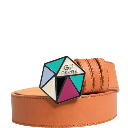GF Ferre Orange Leather Hexagon Metal Buckle Waist Women Belt
