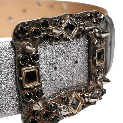 Dolce & Gabbana Silver Leather Crystal Metal Buckle Belt