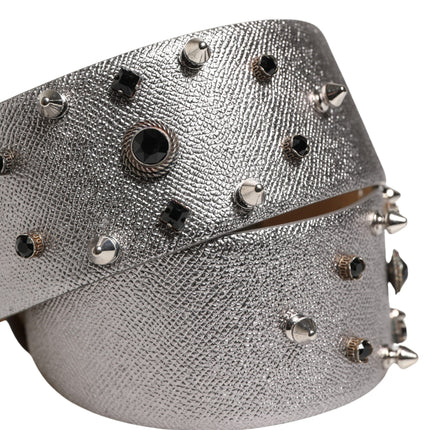 Dolce & Gabbana Silver Leather Crystal Metal Buckle Belt