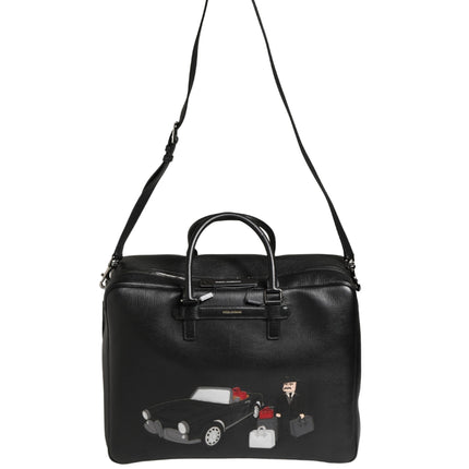 Dolce & Gabbana Black Car Man Applique Leather Weekender Borse Bag