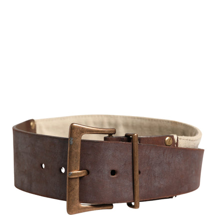 Ermanno Scervino Beige Brown Leather Canvas Metal Buckle Belt