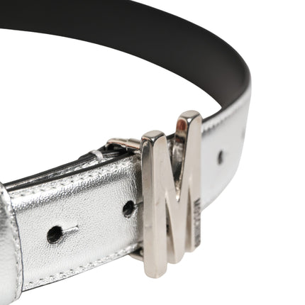 Moschino Couture Silver Leather Logo Metal Buckle Waist Belt