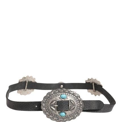 Cavalli Class Black Turquoise Leather Embellished Oval Buckle Belt