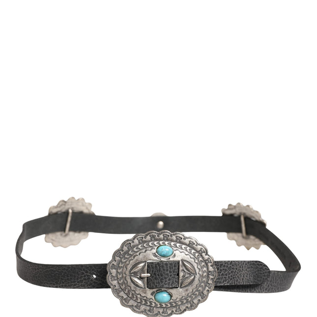 Cavalli Class Black Turquoise Leather Embellished Oval Buckle Belt