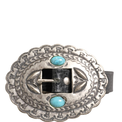 Cavalli Class Black Turquoise Leather Embellished Oval Buckle Belt