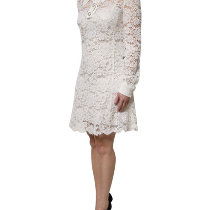 Dolce & Gabbana White Floral Lace Viscose Collared Mini Dress