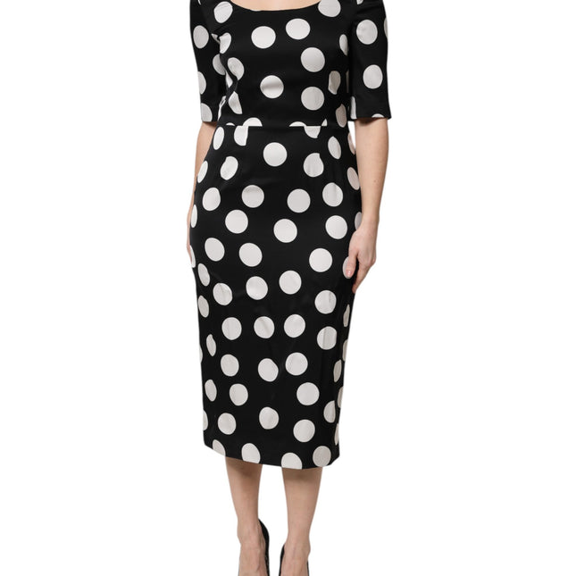 Dolce & Gabbana Black White Polka Dot Silk Sheath Midi Dress