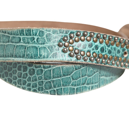 Scervino Street Women Green Leather Croco Print Studded Belt