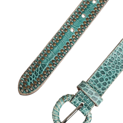 Scervino Street Women Green Leather Croco Print Studded Belt