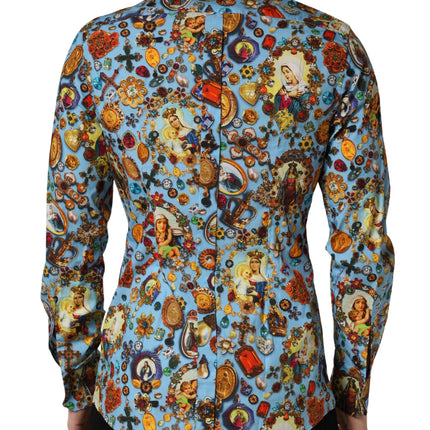 Dolce & Gabbana Blue Cotton Jewel Print Button Down GOLD Shirt