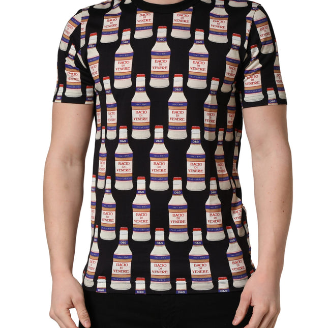 Dolce & Gabbana Black Bottle Print Cotton Crew Neck  T-shirt