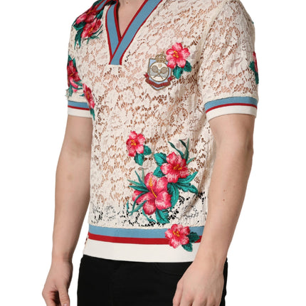 Dolce & Gabbana Beige Floral Tennis Club Lace Polo T-shirt