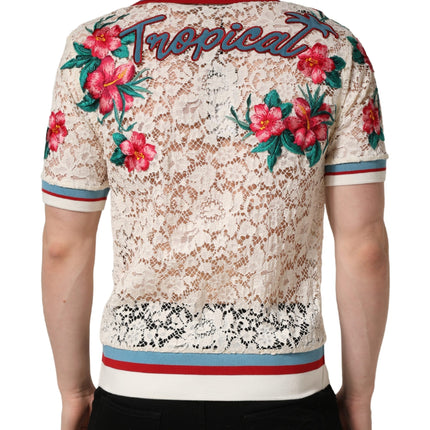 Dolce & Gabbana Beige Floral Tennis Club Lace Polo T-shirt