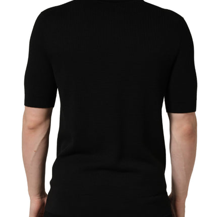 Dolce & Gabbana Black Heraldic Crest Patch Silk Polo T-shirt