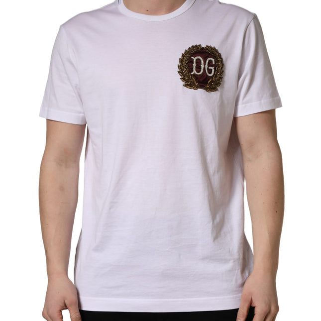 Dolce & Gabbana White DG Leaf Embroidery Crew Neck  T-shirt