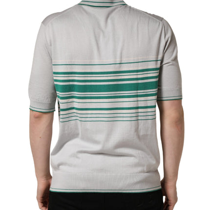 Dolce & Gabbana Gray Green Striped Logo Silk Polo T-shirt