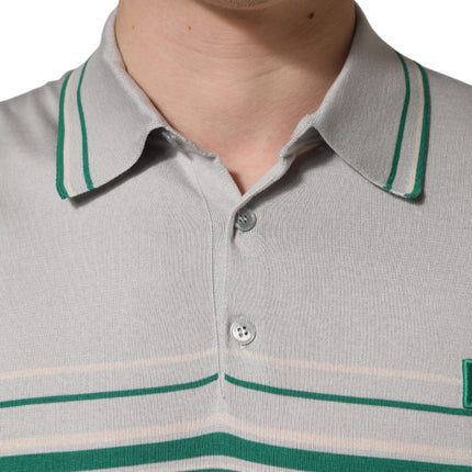 Dolce & Gabbana Gray Green Striped Logo Silk Polo T-shirt