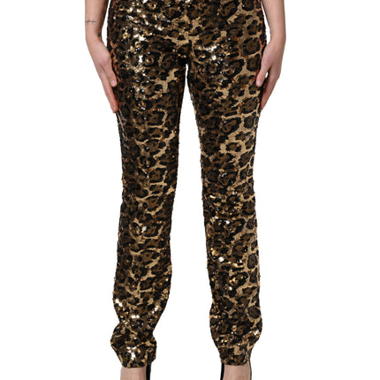 Dolce & Gabbana Gold Leopard Sequined Straight Trouser Pants