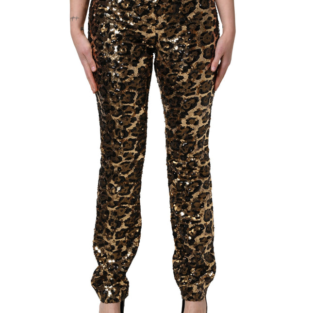 Dolce & Gabbana Gold Leopard Sequined Straight Trouser Pants