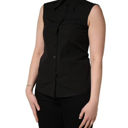 Dolce & Gabbana Black Cotton Sleeveless Collared Blouse Top
