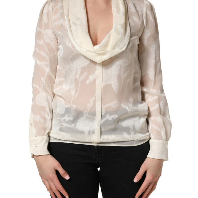 Dolce & Gabbana Off White Floral Semi Sheer Silk Blouse Top