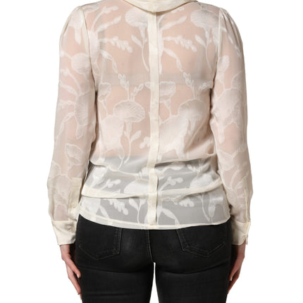 Dolce & Gabbana Off White Floral Semi Sheer Silk Blouse Top