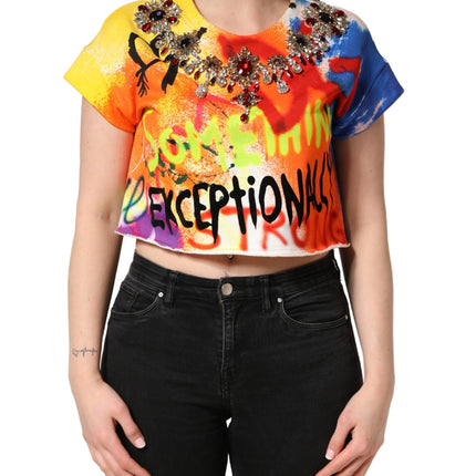Dolce & Gabbana Multicolor Graffiti Crystals Crop Jersey Top