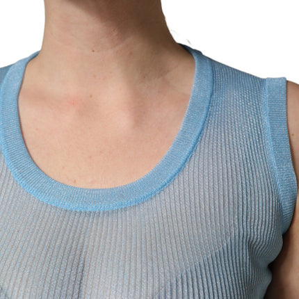 Dolce & Gabbana Blue Semi Sheer Ribbed Sleeveless Tank Top
