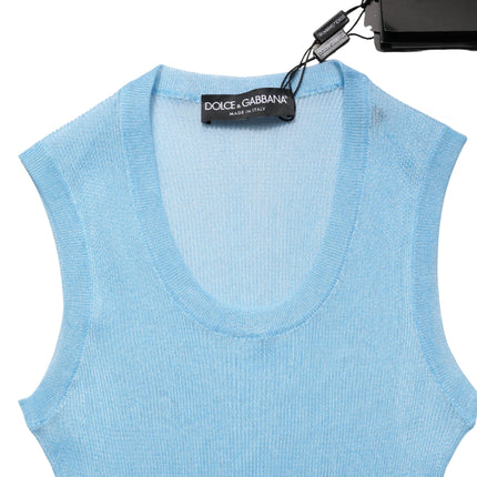 Dolce & Gabbana Blue Semi Sheer Ribbed Sleeveless Tank Top