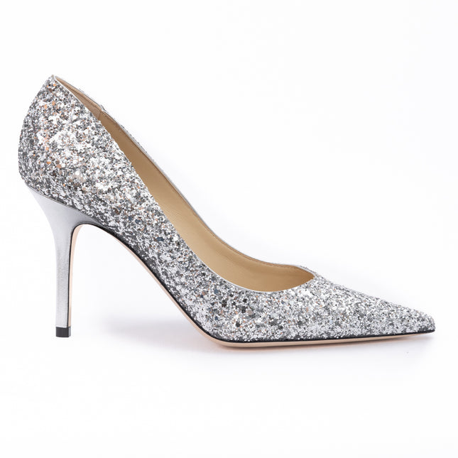 Jimmy Choo Silver Coarse Glitter Fabric Agnes Pumps