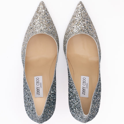 Jimmy Choo Silver Coarse Glitter Fabric Agnes Pumps