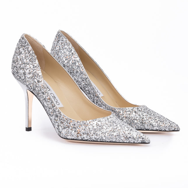 Jimmy Choo Silver Coarse Glitter Fabric Agnes Pumps