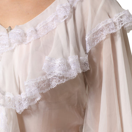 Dolce & Gabbana White LongSleeve Lace Trim Ruffled Blouse Top