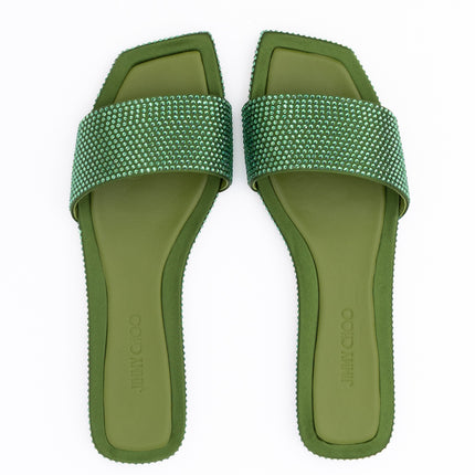 Jimmy Choo Green Satin Crystal Clovis Flat