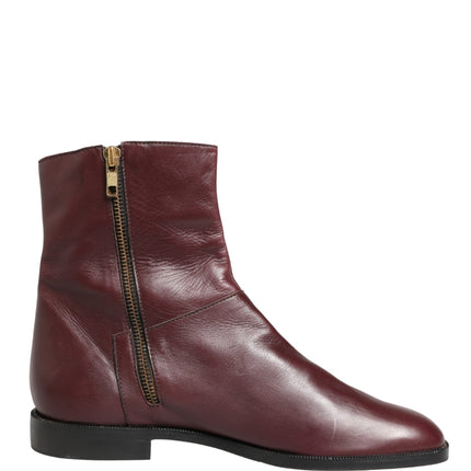 Dolce & Gabbana Maroon Leather Flats Biker Ankle Boots Shoes