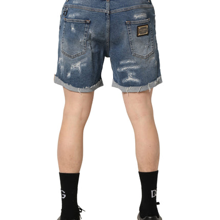 Dolce & Gabbana Blue Cotton Distressed Denim Bermuda Shorts