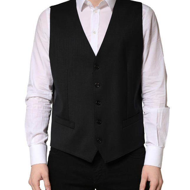 Dolce & Gabbana Black Wool Single Breasted Men Waistcoat Vest